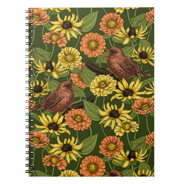 Gärdsmygar och blommor på grönt anteckningsbok (Framsidan)