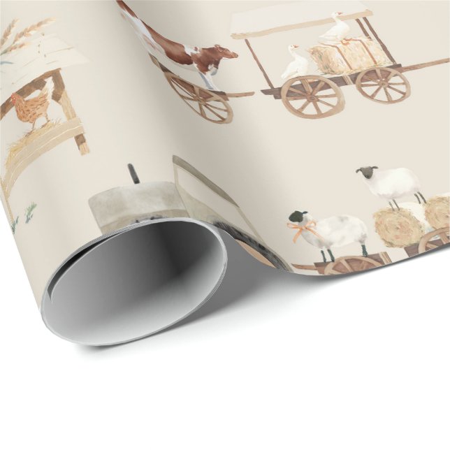 Gårdsvagn Traktor hemgård bondgård Beige Presentpapper (Rullad Hörn)