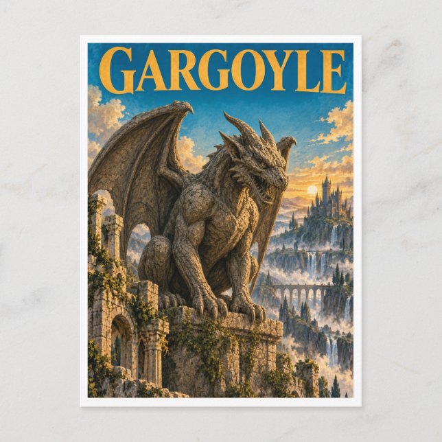 Gargoyl, gotisk fantasimonster vykort (Framsida)