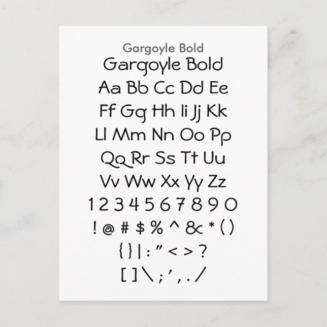 Gargoyle Bold - Zazzle Font Sampler Lakan Vykort (Framsida)