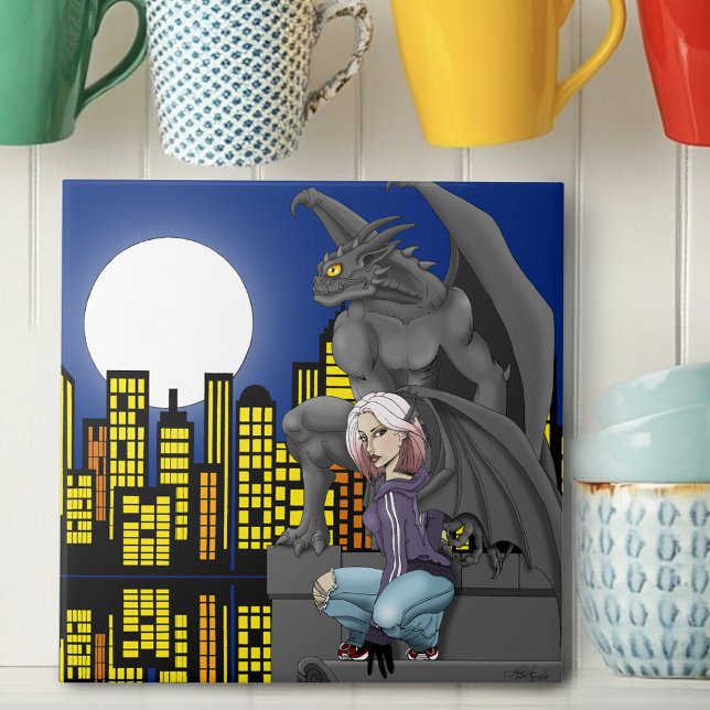 Gargoyle Urban Fantasy Cityscape Kakelplatta (Skapare uppladdad)