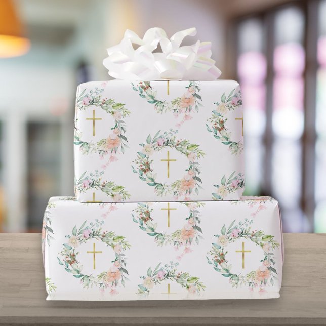 Garland Christian Guld Kor Ro Blommigt Presentpapper (Garland Christian Gold Cross Roses Floral Wrapping Paper)