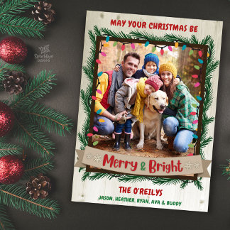 Garland Ljus med Merry & Bright Photo jul Card Julkort