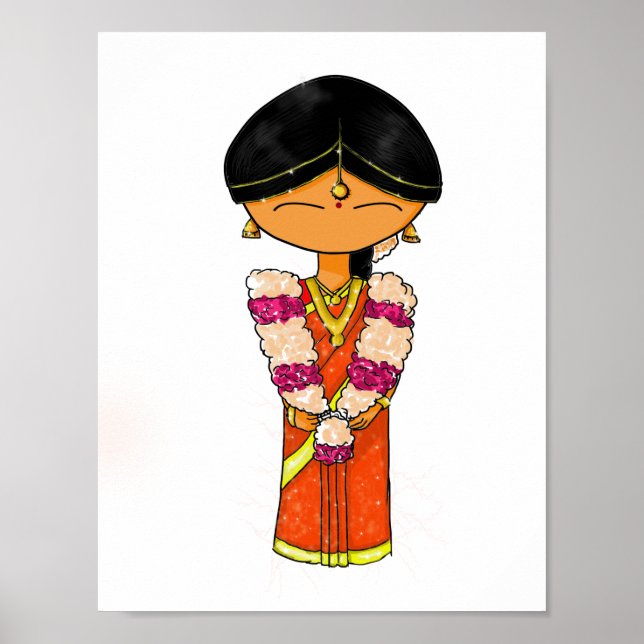 Garland Orange Saree i indiska Bröllop Bride Blomm Poster (Framsidan)