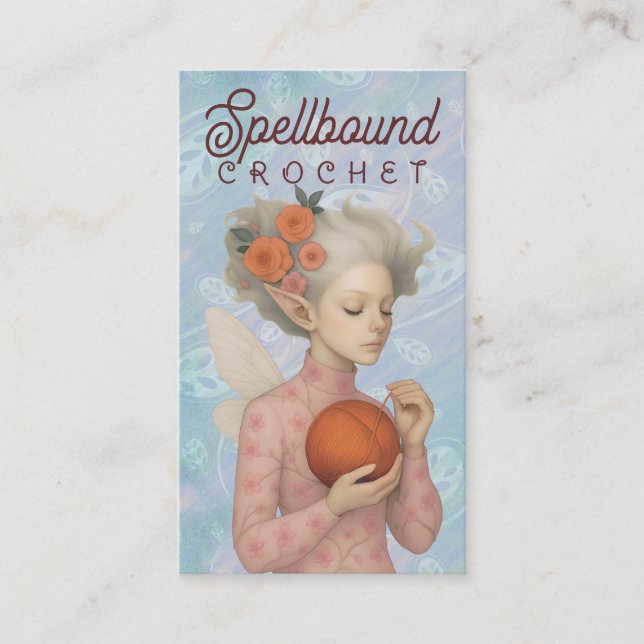 Garn av krokgarn av handspun, älvflicka visitkort (Framsida)
