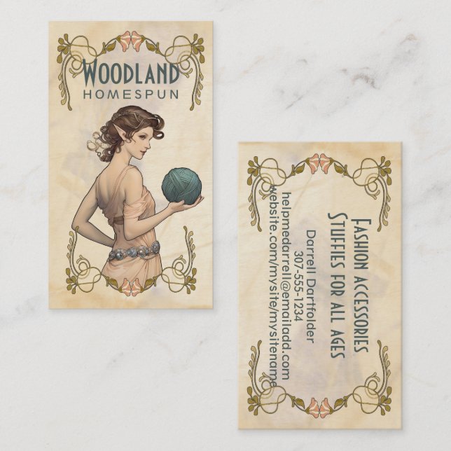 Garn av krokgarn av handspun, älvflicka visitkort (Fram/baksida)
