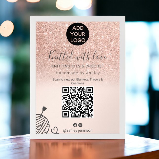 Garn av trikå av trikå från ro guld Qr-kod Poster (Rose gold glitter knitting crochet yarn Qr code Poster)