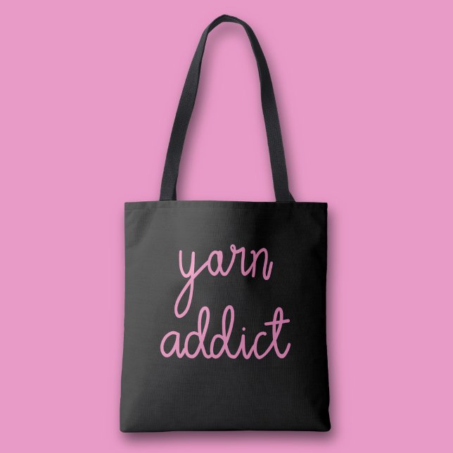 Garn Beroende Typografi Tygkasse (Pink Yarn addict black tote bag)