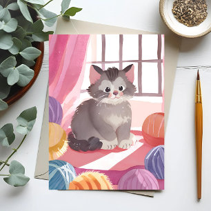 Garnbollskatt Katt Watercolor Postkort Vykort