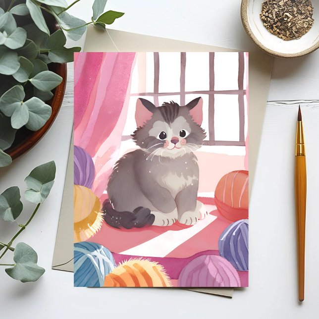 Garnbollskatt | Katt Watercolor Postkort Vykort (Skapare uppladdad)