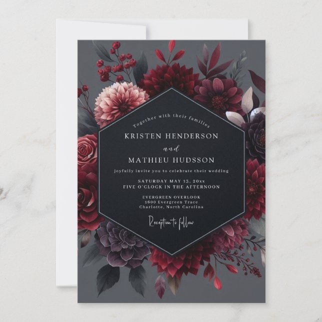 Garnet Noir Botanisk Bröllop Inbjudningar (Framsida)