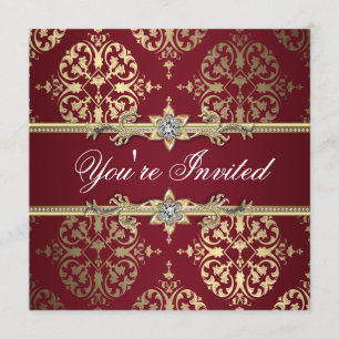 Garnet Ruby Röd Guld Svart Damask Festinladan Inbjudningar