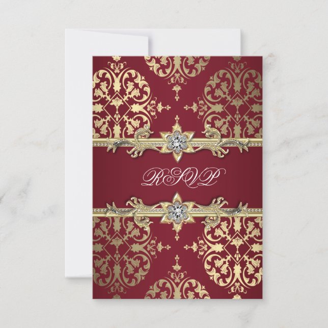 Garnet Ruby Röd Guld Svart Damask Festinladan OSA Kort (Framsida)