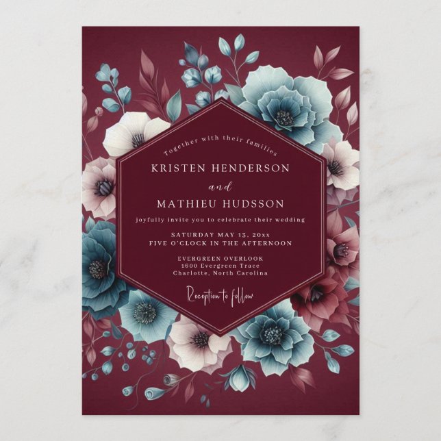 Garnet Slate Moody Bloom Wedding Inbjudningar (Framsida)