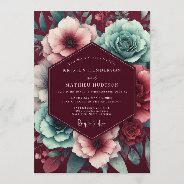 Garnet Teal Moody Bloom Wedding Inbjudningar (Framsida)