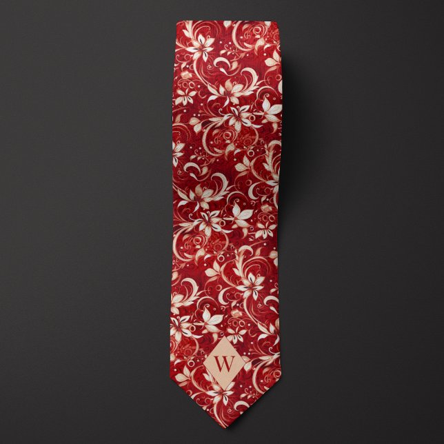 Garnetröd och krämfärgad monogram slips (Skapare uppladdad)
