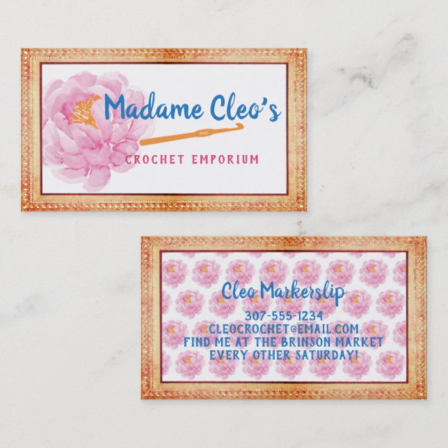 Garnkrabbor av peonfaux snöre crochet krok visitkort (Fram/baksida)