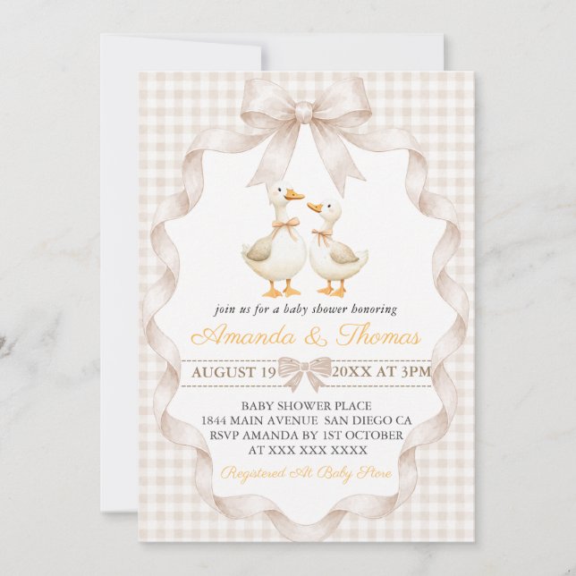 Gås Baby Shower Gingham  Inbjudningar (Framsida)