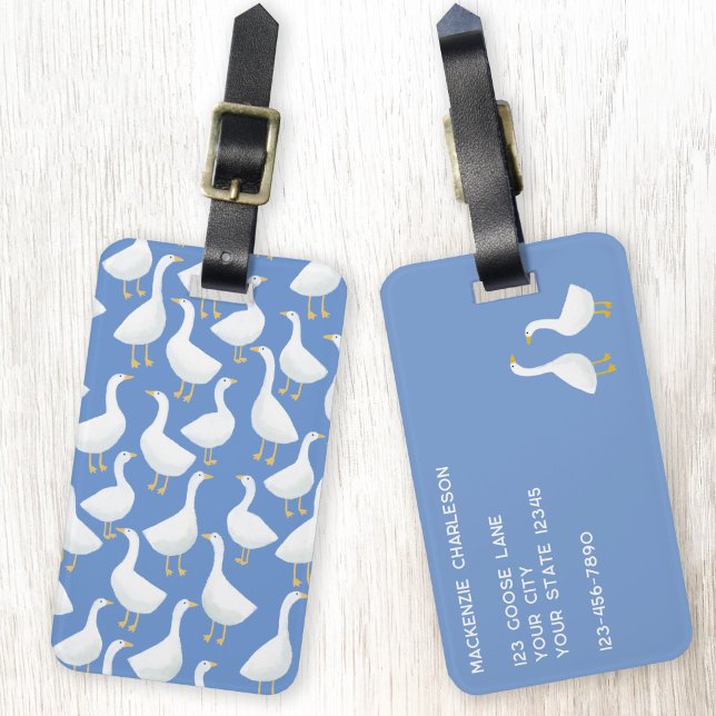 Gås Fågel Mönster Blå Bagagebricka (Goose luggage tag for geese and poultry lovers)