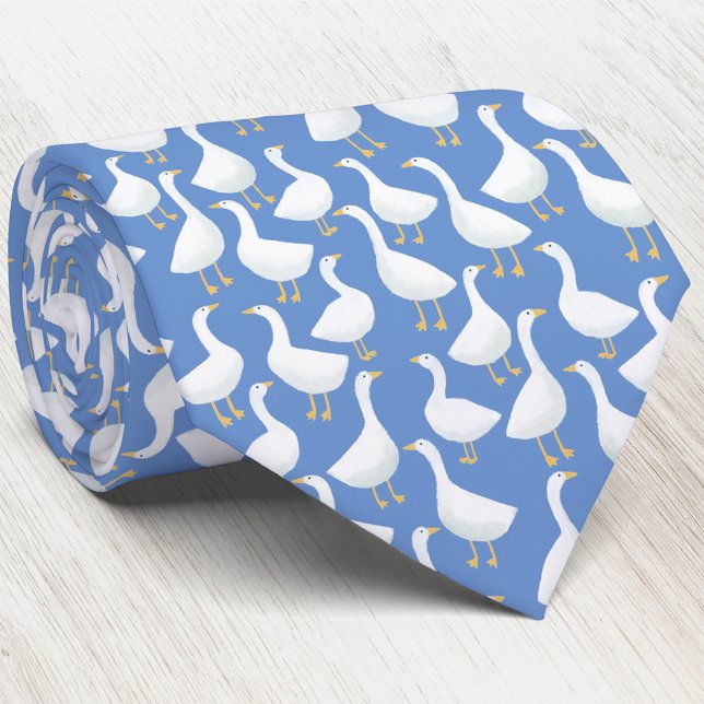 Gås Fågel Mönster Blå Slips (Blue and white geese goose pattern neck tie for farmers and bird lovers)