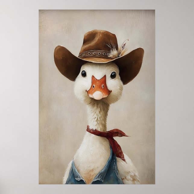 Gås i cowboyhatt tryck, Gås väggkonst, Bondgård Poster (Framsidan)