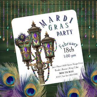 Gas Lamp | Mardi Gras Beads | Masquerade  Inbjudningar