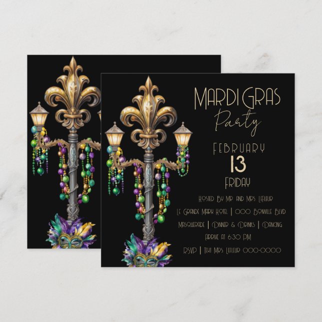 Gas Lamp och Pärlor Mardi Gras Party Inbjudningar (Fram/baksida)