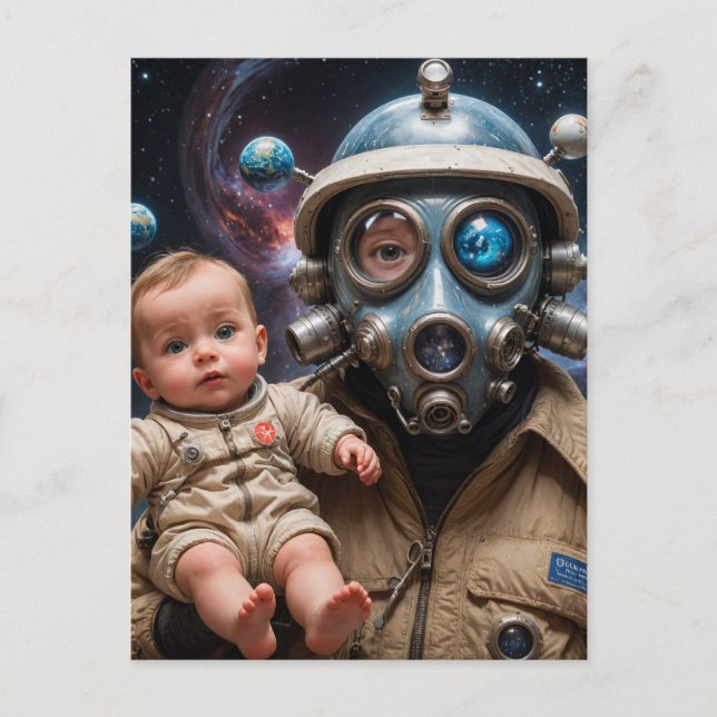Gas Mask Alien med Baby i rymden Vykort (Framsida)