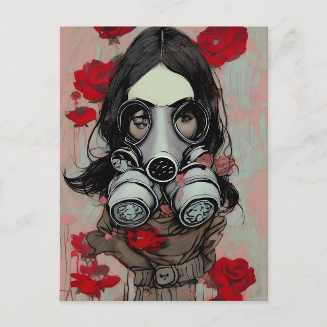 Gas Mask och blommor vykort (Framsida)