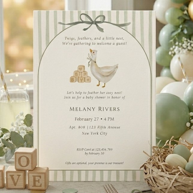 Gås Neutral Ljust Grön Båge Bebisens Första Dag Inbjudningar (Goose Neutral Sage Green Bow Baby Shower Invitation)