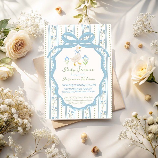 Gås ramsor baby shower inbjudningar (Goose nursery rhymes baby shower invitation card template dusty blue vintage preppy boys baby shower)