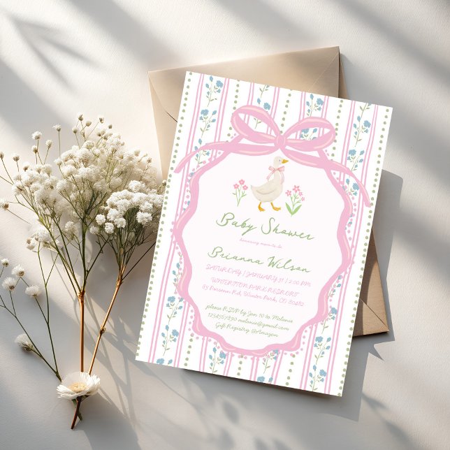 Gås ramsor baby shower inbjudningar (Goose nursery rhymes preppy pink bow baby shower invitation cards template )
