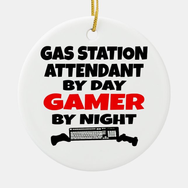 Gas Station Attendant Gamer Julgransprydnad Keramik (Framsidan)
