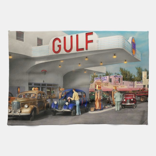 Gas Station - Den underbara amerikanska vägen resa Kökshandduk (Horisontell)