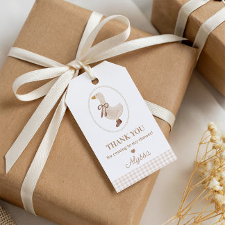 Gåsbabyshower presentkort | Beige Gingham Presentetikett