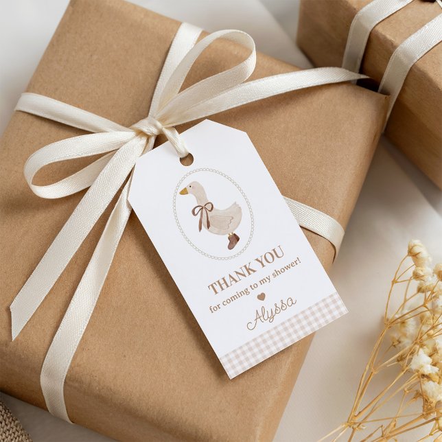 Gåsbabyshower presentkort | Beige Gingham Presentetikett (Skapare uppladdad)