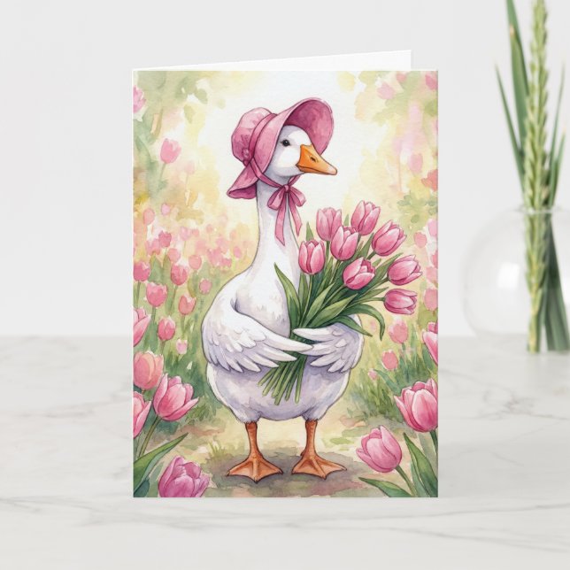 Gåsemor med rosa tulpaner kort (Framsida)