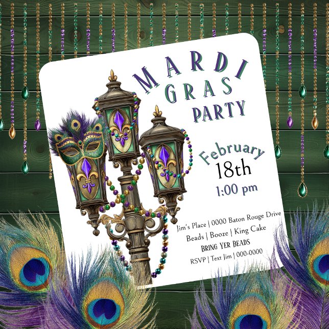 Gaslykta | Mardi Gras-pärlor | Maskerad  Inbjudningar (Gas lamp and Mardi Gras beads party invitation you can fully customize. )