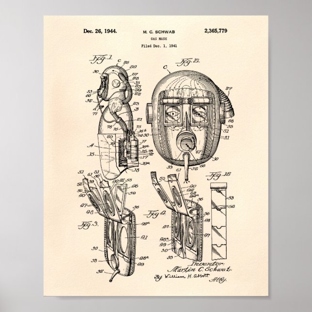 Gasmask 1944 Patent Art Old Peper Poster (Framsidan)