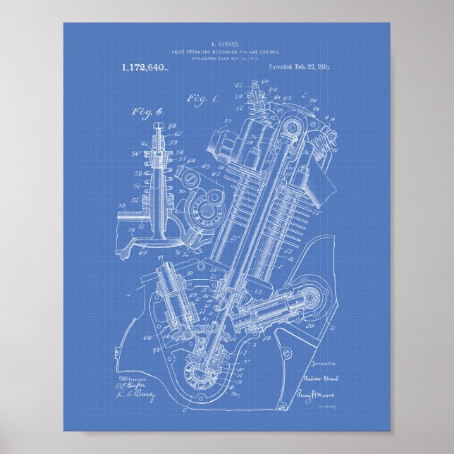 Gasmotorventil 1916 Patent Art Blueprint Poster (Framsidan)