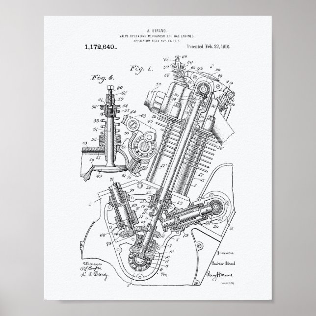 Gasmotorventil 1916 Patent Art White Papper Poster (Framsidan)