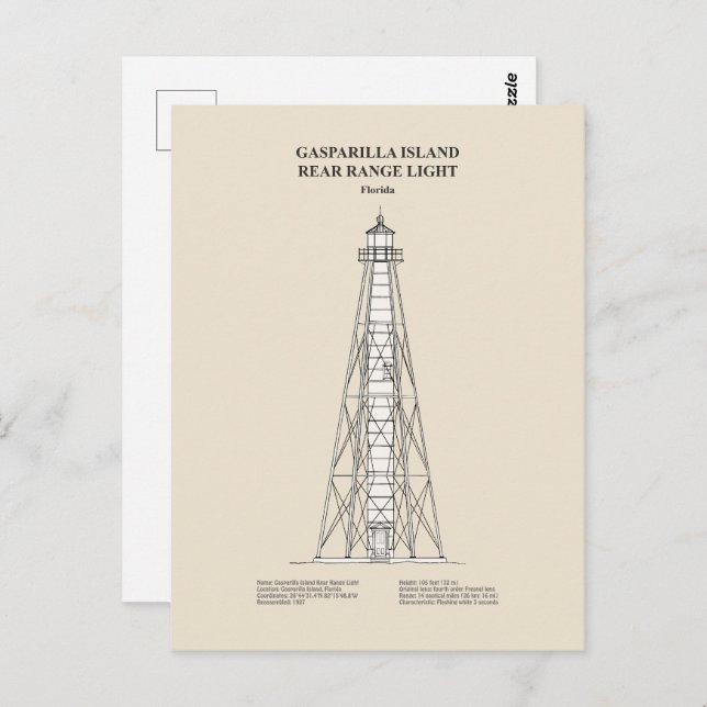 Gasparilla Island Rear Range Light - Florida - SBD Vykort (Fram/baksida)