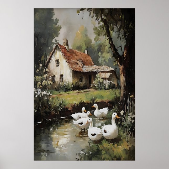 Gäss i byns vårtryck, digital målning poster (Framsidan)