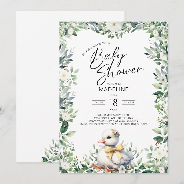 Gäss med Bow Baby Shower-inbjudan Inbjudningar (Fram/baksida)