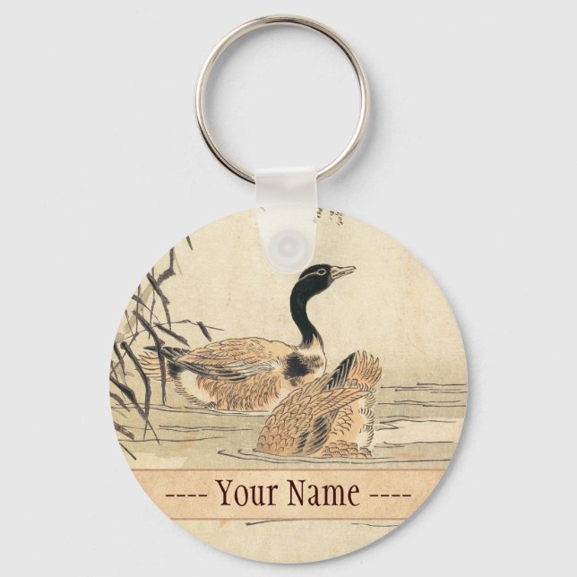 Gäss med Camellias vintage japanese art Nyckelring (Framsida)