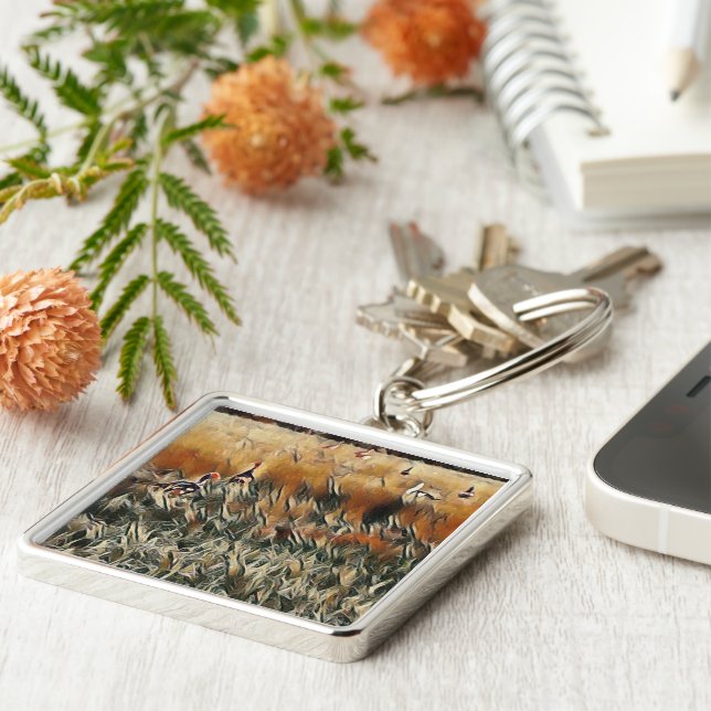 Gäss och ankor strövar konst fyrkantig silverfärgad nyckelring (Sidan)