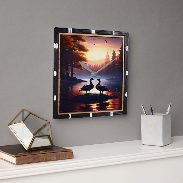 Gäss och Lakeside Ankor Rustic Fyrkantig Klocka (Kontor)