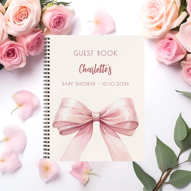 Gäst bok Baby Shower  rosa bow beige kräm Anteckningsbok (Skapare uppladdad)