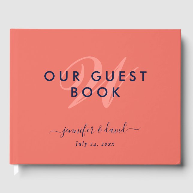 Gäst i marinblå och koralskript i Monogram Bröllop Gästböcker (Framsida)
