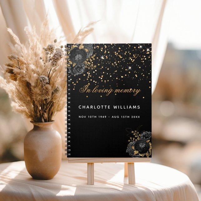 Gästbegravning i bok, svart guld blommigt anteckningsbok (Skapare uppladdad)